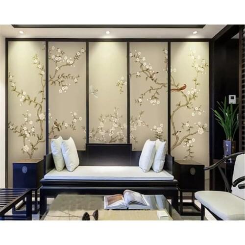 Beibehang customized 3D mural modern minimalist hand-painted meticulous flower and bird Chinese TV background wallpaper