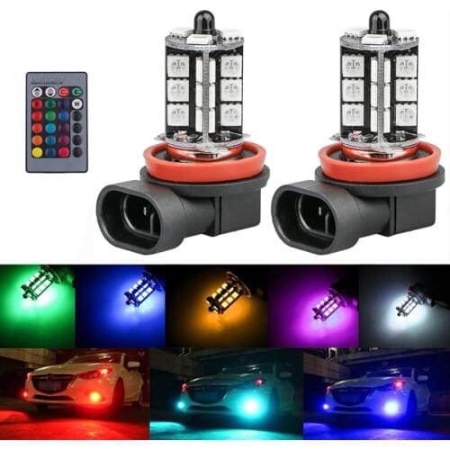 2x H11 H9 H8 5050 LED 27SMD RGB Car Headlight Fog Light Lamp Bulb Remote Control