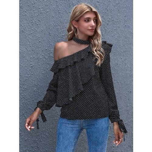 Womens Blouses Polka Dot Print Shirts Patchwork Ruffles Bandage Halter Long Sleeve Blouse Woman Clothing Blusas Femme Y2k Tops