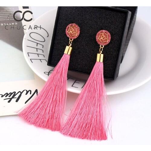 CHUCARI Bohemian Crystal Tassel Earrings Black White Blue Red Pink Silk Fabric Long Drop Dangle Dangle Earring for Women Jewelry