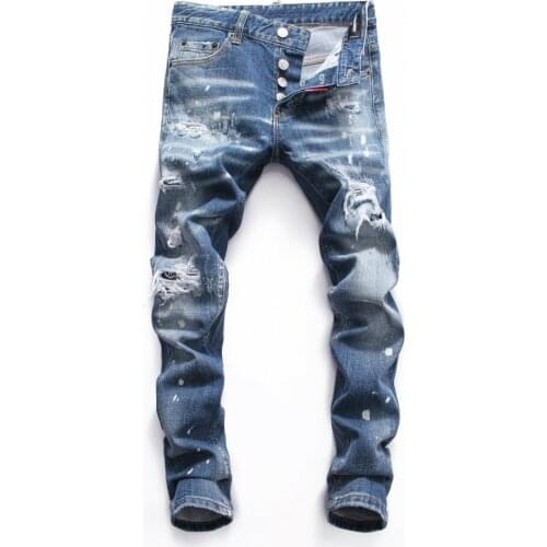 European American Style Famous Brand Jeans Men Slim Denim Trousers Button Patchwork Blue Hole Pencil Pants Jeans for Men