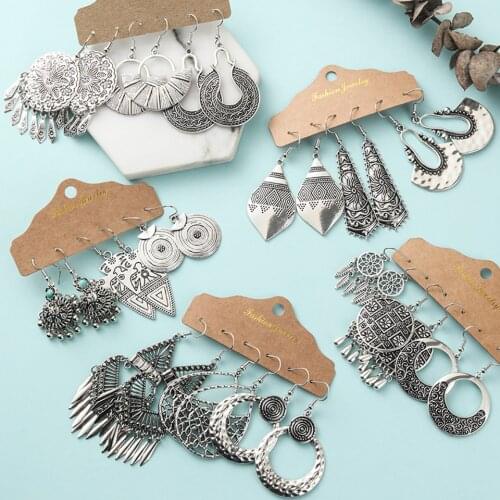 Ethnic Silver Color Geometric Earrings Sets for Women Girl Statement Jewelry Vintage Big Round Circle Drop Earrings Set Gifts