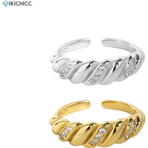 KIKICHICC 925 Sterling Silver Gold Clear Zircon Twist Resizable Irregular Geometric Resizable Rings Rock Punk Luxury Jewelry