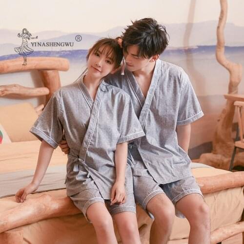 Japanese Kimono Unisex Yukata Cardigan Pajamas Set Simple Home Couple Suit Women Men Nightgown Bathrobe Summer Pure Cotton Short
