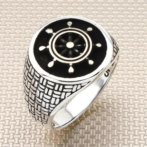 Sterling Silver Round Rudder Model Sailor Ring Captain Accessory Handcarved Vintage Oxidized Ring For Men Made in Turkey