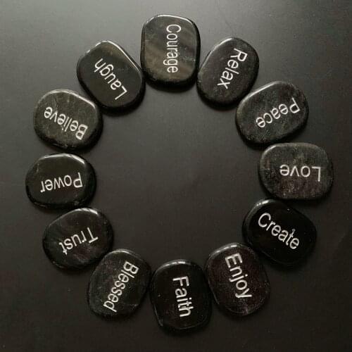 Natural Palm Stones Crystals Polished Inspiration Words Quotes Letter Inspirational Healing Power Stone Black Obsidian