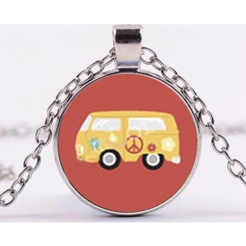 2021 New Hippie Peace Sign Van Bus Necklace Fashion Men And Women Car Necklace Ring Stand Jewelry