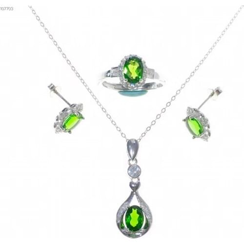 Charming clear green Diopside gemstone ring earrings and necklace jewelry set with silver