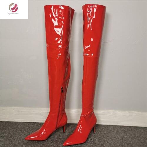 Original Intention Sexy Patent Leather Red Thigh High Boots Woman Pointed Toe Thin Heels Long Boots Female Party Plus Size 4-15