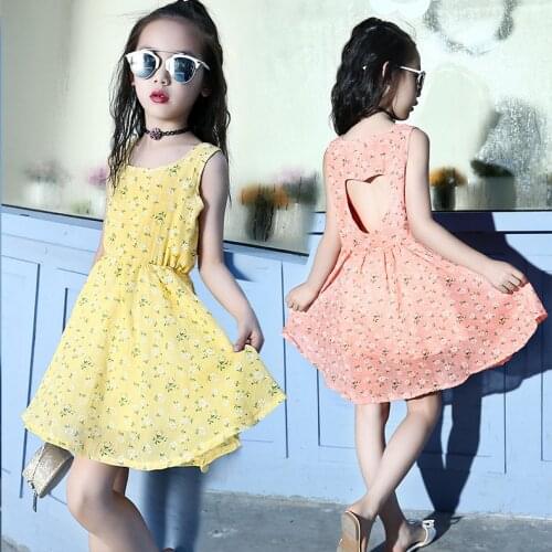 Girls Dresses 2020 Summer Kids Sweet Love Hollow High Waist Princess Dress Teenager Girls Floral Bohemia Sleeveless Beach Dress