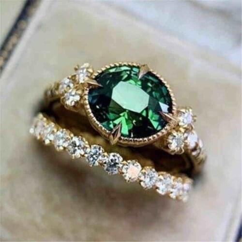 Luxury Fashion Green Crystal 2pcs Gold Ring Set for Women Index Finger Wedding Ring Female Accessories Jewelry