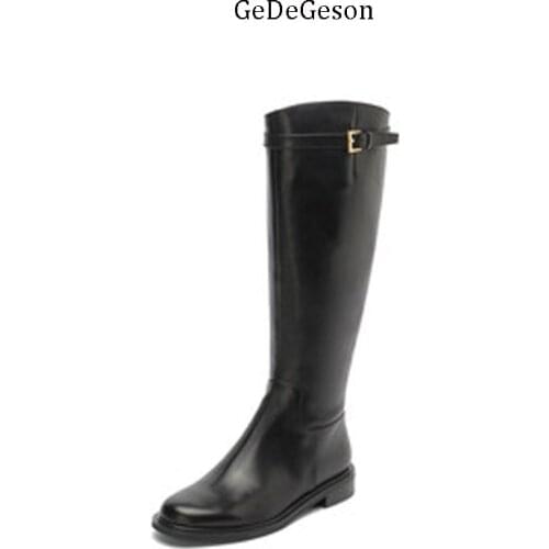 Knee-High Boots Women High-End Cow Skin Leather Zipper Open Winter Wearing Shoes Simple Fashion Ladies