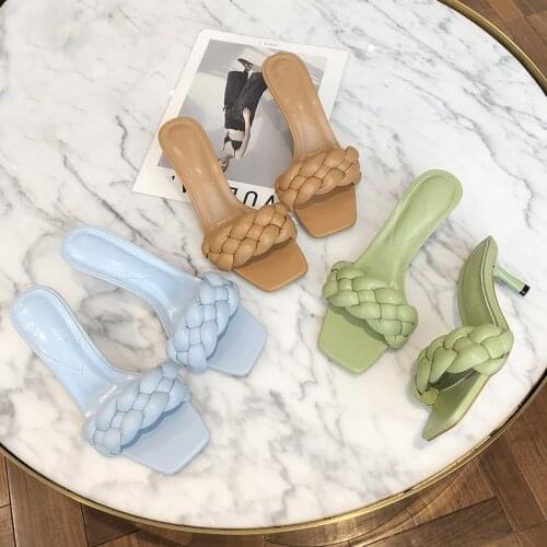 Fashion Womens Slides Low Heel Elegant Ladies Dance Shoes Summer Open Toe Slippers Weave Leather Sandales Femmes