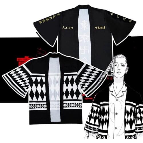 Tokyo Revengers Cosplay Cloak Anime Black White Top for Summer Hanagaki Takemichi Ken Ryuguji Haori Kimono Tee Men Short-sleeve