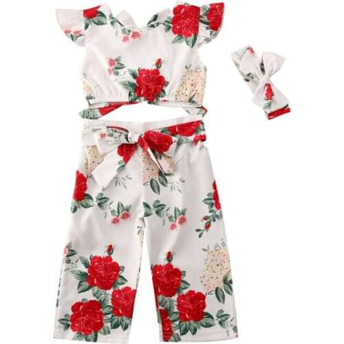1-6 Years Toddler Baby Kids Girl Floral Bowknot Short Sleeve Tops +Wide Leg Pants 2pcs Clothes