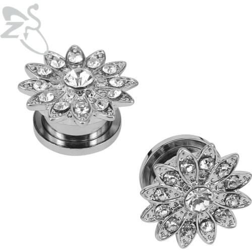 6-16mm Shiny Flower Ear Plugs Tunnels Piercing Crystal Zircon Surgical Steel Ear Stretching Gauges Fresh Piercing Tunnels Screw