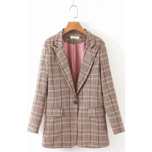 Vintage Elegant Plaid Blazers Women Fashion Single Button Pockets Notched Blazer Coats Female Chic Outerwear