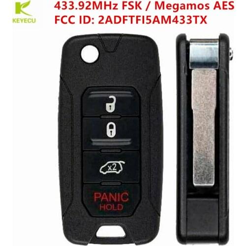 KEYECU Replacement 4Button Flip Remote Key FOB 433.92MHz Megamos 48 AES for Jeep Renegade for Fiat 500X FCC ID: 2ADFTF15AM433TX