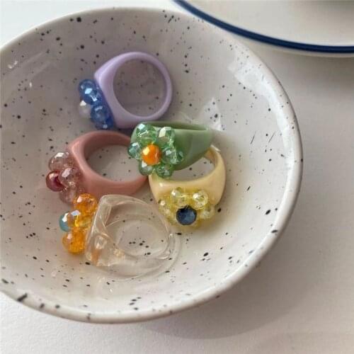 2021 New Transparent Colorful Shiny Flower Square Resin Acrylic Rings Geometry for Women Girls Travel Party aesthetic Jewelry