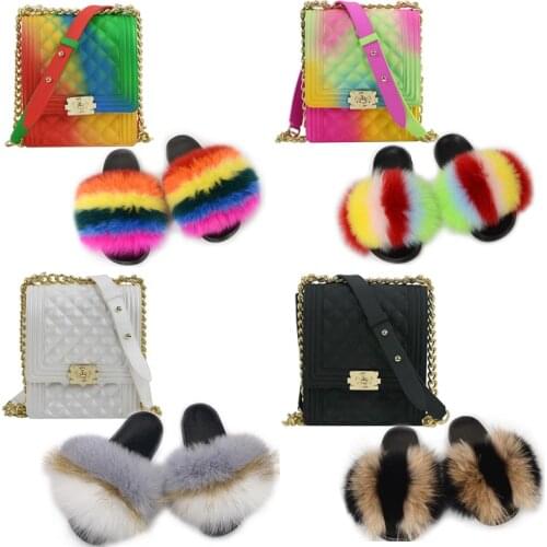 Womens Fashion Fox Fur Slippers Ladies Furry Fur Slides Female Fluffy Sandals Girls Matte Colorful Jelly Bags And Shoes Sets