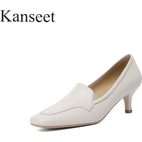 Kanseet New Womans Pumps Party Dress Shoes 2021 Spring Autumn Shallow Genuine Leather Handmade Square Toe Mid Heels Shoes