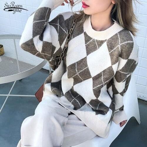 Korean College Style A/W New Geometric Pattern Argyle Pullovers Jumper Mujer Loose Oversized O-Neck Knitted Sweaters Woman 17064