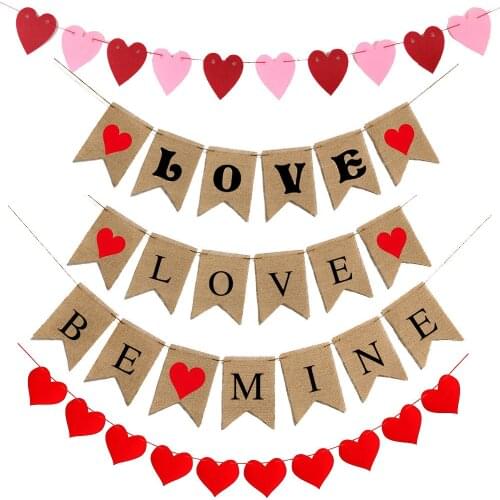 1 Set Love Banner Love/Be Mine Burlap Paper Flag Party Favor Decor Valentines Day Wedding Party Anniversary Celebration Supplies