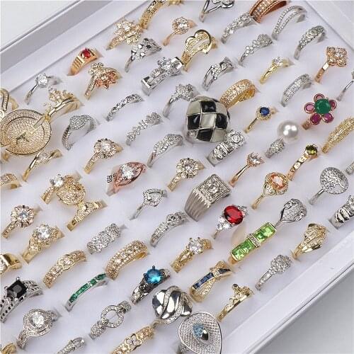 20pcs/lot Fashion Micro-inlaid Sparkling Zircon Rings For Women Gold Silver Color Wedding Engagement Jewelry Mix Style