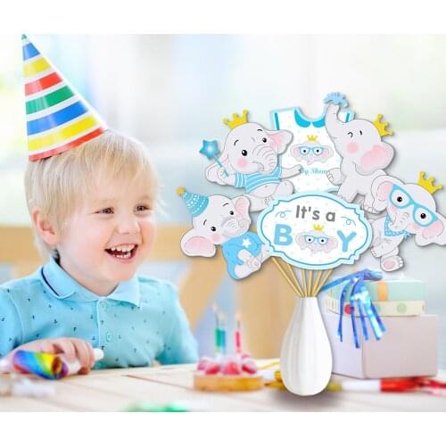 24pcs Boy Elephant Its A Boy Gender Reveal Baby Shower Party Photo Booth Props Bottle Props Happy Birthday Supplies Decorations