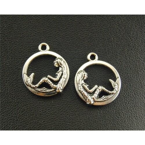 30pcs Silver Color mermaid Round Charm Pendant DIY Necklace Bracelet Bangle Findings 17mm A1647