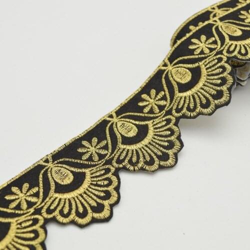 5Yards Velvet Black Fabric Lace Trim With Gold Floral Embroidery African lace trim fabric for Women Wide 5.5cm