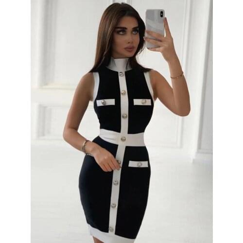 Adyce 2021 New Summer Women Patchwork Bodycon Bandage Dress Sexy Tank Sleeveless Buttons Hot Celebrity Club Evening Party Dress