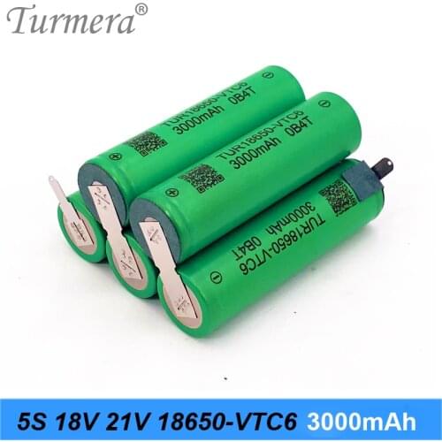 Turmera 5S 18V 21V VTC6 3000mAh Battery Pack TUR18650VTC6 with Soldering Nickel for Screwdriver Drill Batteries Use