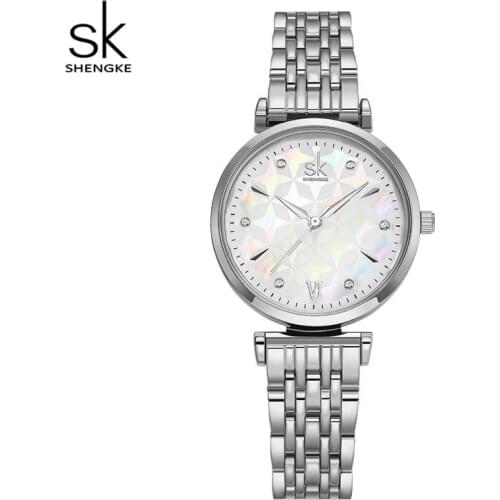 Shengke Women Quartz Watch Stainless Steel Band Shell Dial Surface Rhinestones Wristwatch Top Luxury Ladies Creative Clock