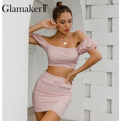 Glamaker Plaid printed summer 2 piece suit Women puff sleeve crop top and straight skirt Female fashion casual off shoulder sets