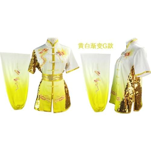 Customized Kids&Adult embroidery dragon martial arts gradient uniforms kungfu performance nanquan wushu clothing purple/yellow