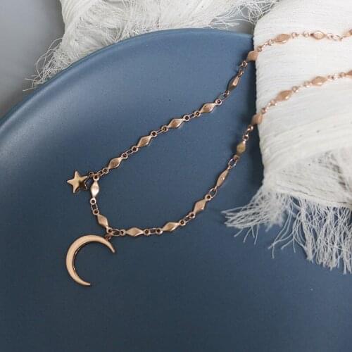 Beautiful Starry Moon Crescent Five-Pointed Star Diamond Glitter Necklace Choker Clavicle Chain Titanium Steel Rose Gold