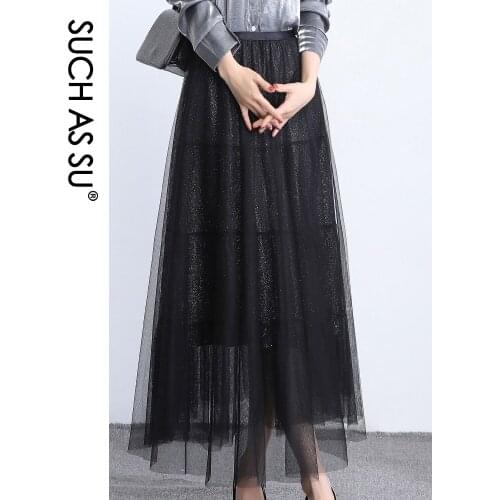 Summer Splice Mesh Skirt Women Black Light pink White Light coffee Ankle Pleated Skirt Elastic Waist Ladies Elegant Skirt