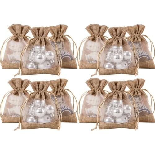 4X5.5 Inch 20 Pcs Burlap Drawstring Gift Bag - Burlap with One Side Organza Wedding Party Welcome Favor Bags - Tan