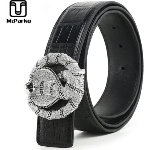 McParko Designer Mens Belts Luxury Waist Belt Genuine Crocodile Leather Jeans Belt Men Stainless Steel Buckle with Rhinestones