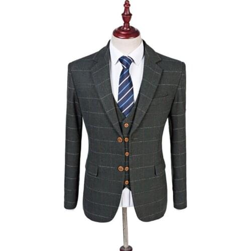 Custom Mens Suit Jacket Winter Woollen Smart Casual Plaid V-Neck Single Breasted Slim-Fit Cocktail Party Wedding 3Pieces Suit