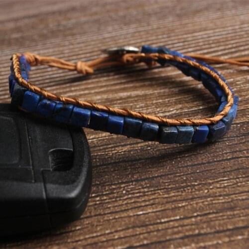 LanLi natural Jewelry 4x4mm square dark blue lazurite bracelet men and women Giving presents and self use