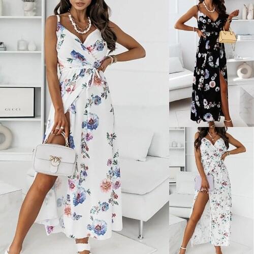 Summer Dress Women Flower Print A-Line Y2K Dresses High Split Sling Sleeveless Backless Long Dress For Woman Vestido De Mujer