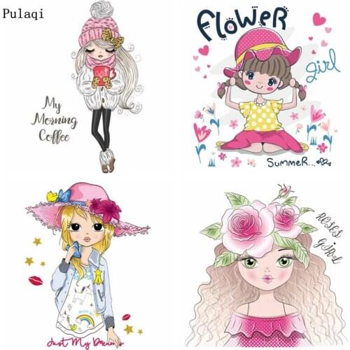 Pulaqi DIY Straw Hat Girl Ironing Sticker Heat Transfers Hot Vinyl Thermal Iron on Transfer for Clothes on Kids T-shirt Applique
