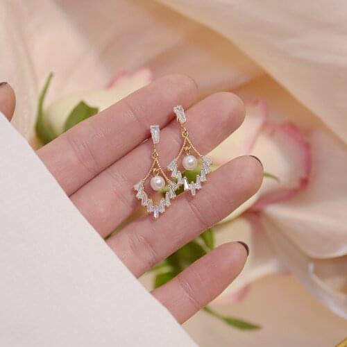 14k Real Gold Luxury Crystal Zircon Tassel Earring For Women Feminia Temperament Pearl Stud Eearring Elegant Engagement Jewelry