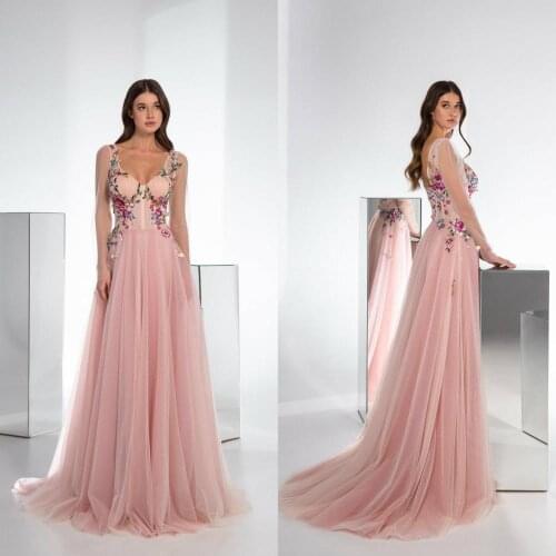Pink Evening Dresses Long Sleeves Lace Appliqued Deep V Neck Cheap Prom Dress A Line Custom Made Vestidos Formal Party Gowns