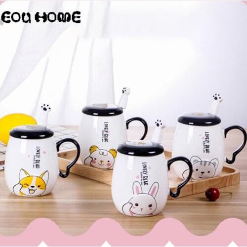 Creative Cartoon Ceramic Mugs Coffee Milk Mug with Cover & Cat Claw Spoon Student Juice Drink Cup Interesting Gift for Children