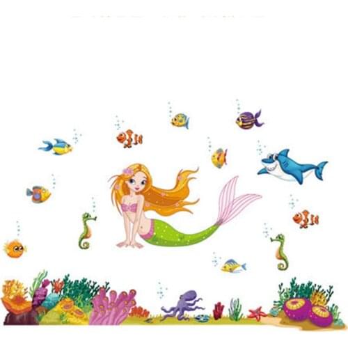 Cartoon Underwater World Mermaid Wall Stickers Kids Room Baby Bathroom Glass Decoration Vinyl Wall Stickers