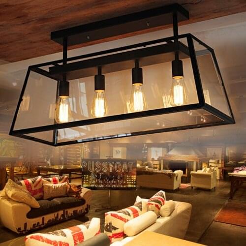 Retro Vintage Glass Box Pendant Lights Fixture Loft Industrial American Cafe Bar Kitchen Room Counter Hanging Lamp Wrought Iron