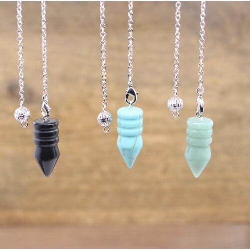 Reiki Healing Natural Stone Obsidian Pendulum,Opalite Dowsing Spiritual Divination Wicca Crystal Pendule Chains Jewelry,QC6002